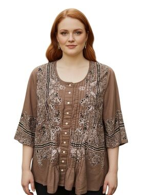 Denim 24/7 Plus Size Embroidered Brown Peasant Blouse 20W 100% Cotton